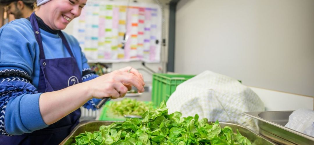 Eine Person putzt Feldsalat in der Küche.
