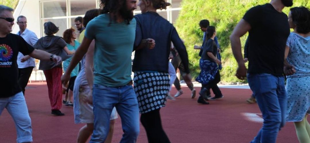 Viele Personen tanzen und sind immer zu zweit an den Armen eingehakt.